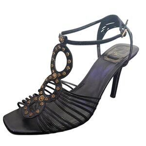 Christian Dior Black Strappy Open Toe Sandal Heels Size 40‎ Studs Ankle Strap